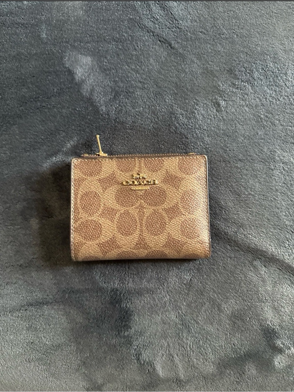 Coach Brown Signature Small Zip Wallet with Gold Logo